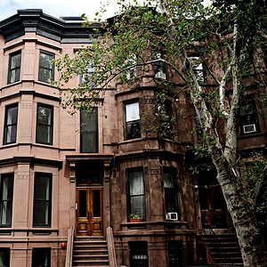 A row of brownstone townhouses on a street in Brooklyn.