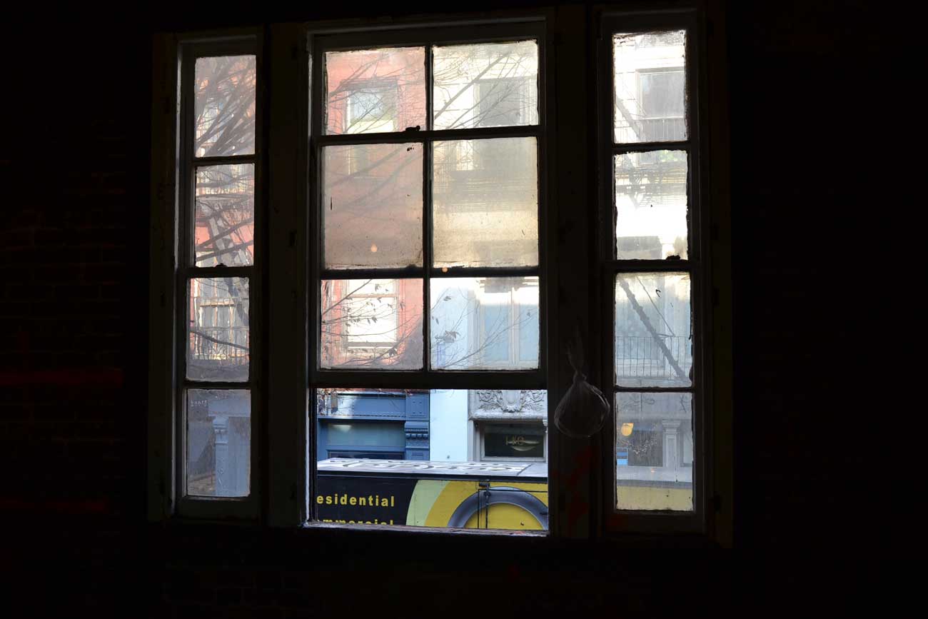 A window in a brick building.