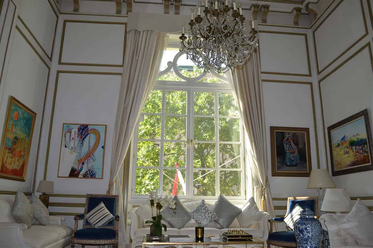 An ornate windows in a lavish room at the Moroccan Embassy in New York City.