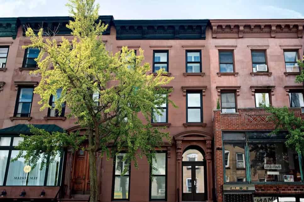 Image of Brooklyn Brownstones with a beautiful tree in the front. The image represents the windows installed by WindowFix.