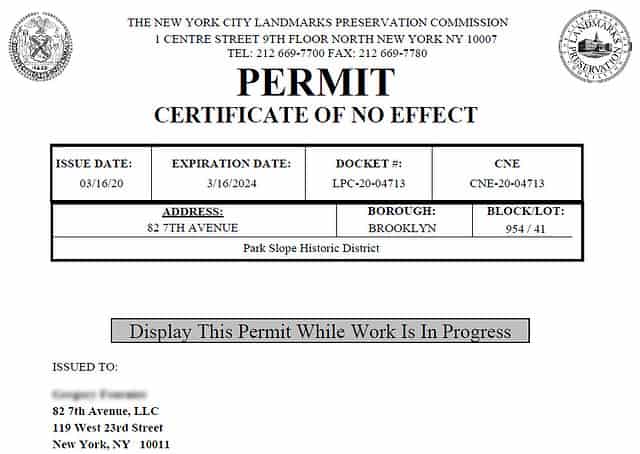This is an example of a New York City Landmarks Preservation Commission permit.