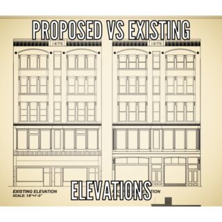 This is an image of drawings showing proposed vs existing elevations of a building facade.