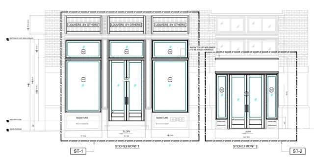 A drawing of a storefront with doors and windows in New York City.