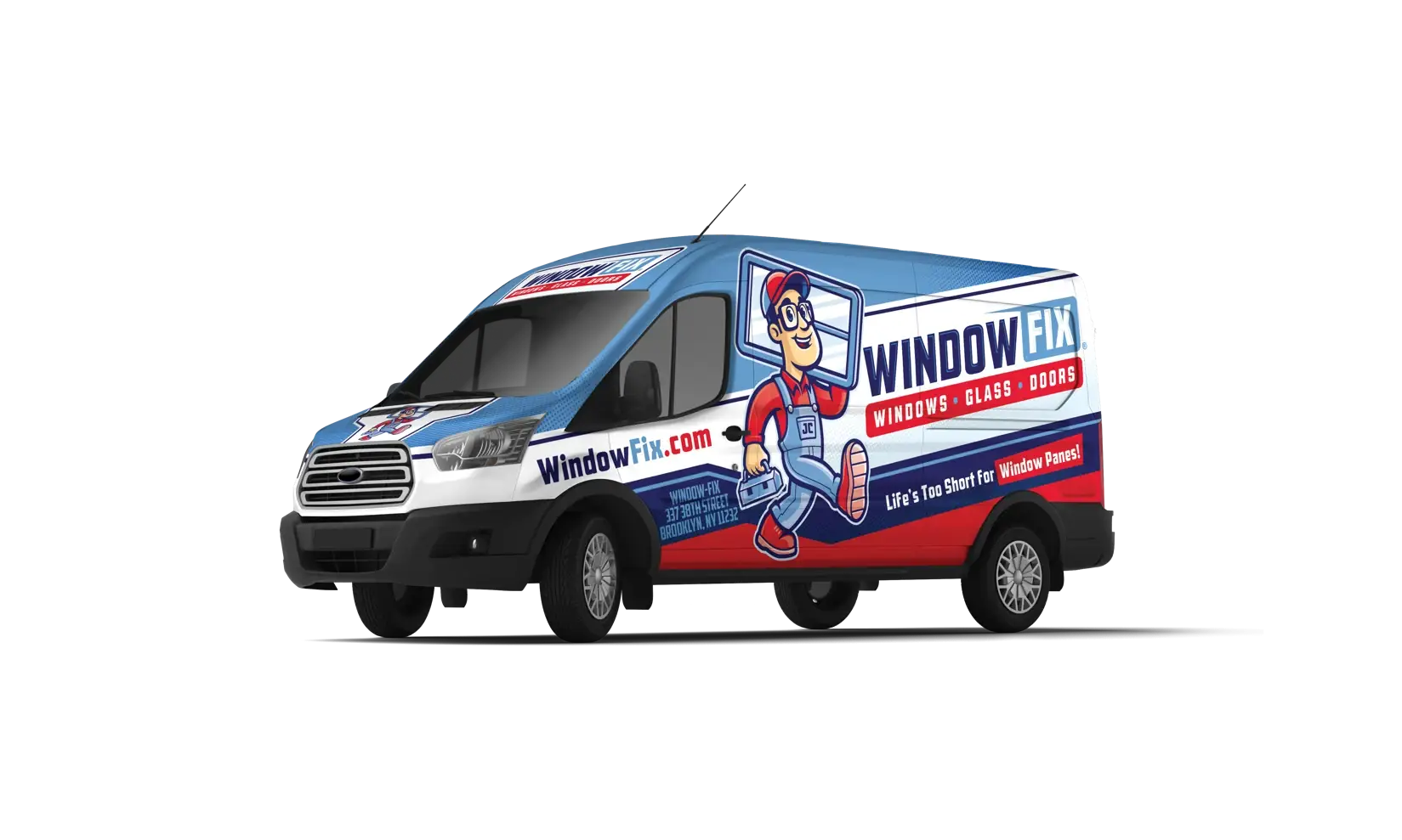 WindowFix - A commercial van with "Window Fix" branding, cartoon technician graphic, and text promoting window, glass, and door repair services. The van is blue, red, and white.