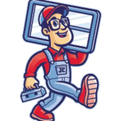 WindowFix - Cartoon mascot of a smiling handyman in overalls, carrying a window on his shoulder and holding a toolbox while walking.