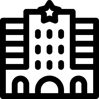 WindowFix - Black and white icon of a multi-story building with a central entrance and a star symbol at the top center.