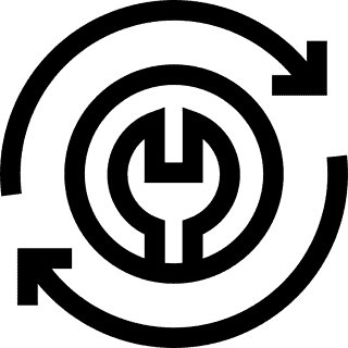 WindowFix - Black and white icon of a wrench inside concentric circles with two curved arrows, symbolizing repair, service, or maintenance in progress.