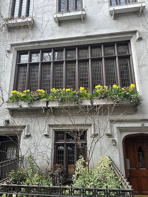 WindowFix - Gray building facade with large grid windows, a balcony planter filled with yellow Spring seasonal flowers, bare trees in front, and a wooden arched door to the right.