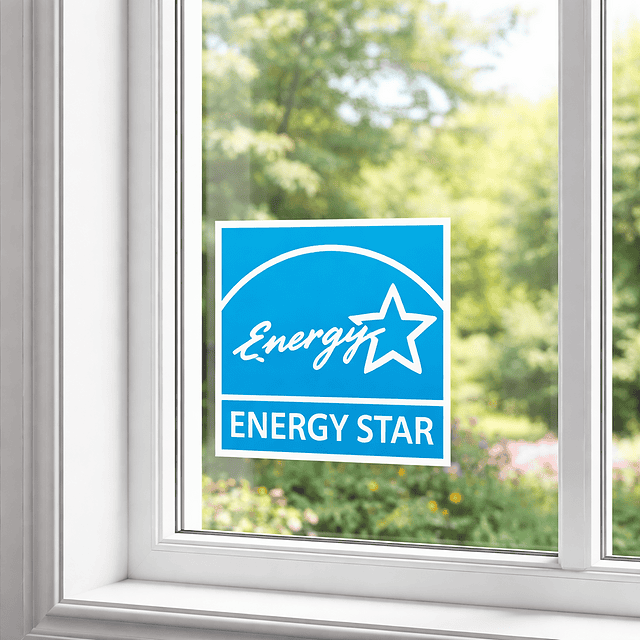 WindowFix - A blue ENERGY STAR sticker is displayed on a window which may be eligible tor a tax credit, with trees and greenery visible outside.
