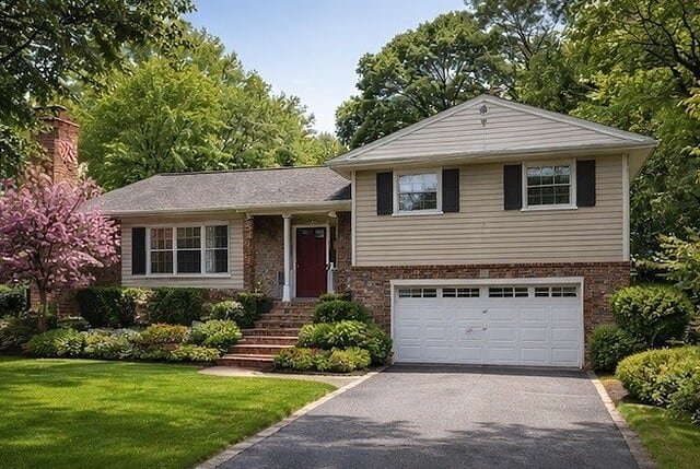 WindowFix - A split-level house with beige siding, brick accents, black shutters, a red front door, and an attached two-car garage, surrounded by trees and well-kept landscaping, nestled in a charming New Jersey neighborhood where summer storms are common.
