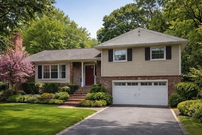 WindowFix - A two-story suburban house in New Jersey with beige siding, brick accents, black shutters, a red front door, attached double garage, and a landscaped front yard with trees and shrubs.
