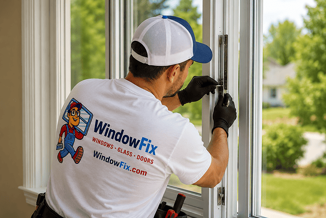 WindowFix - A worker wearing gloves and a "WindowFix" shirt adjusts a window frame with a tool inside a house. Trees and houses are visible outside through the glass.
