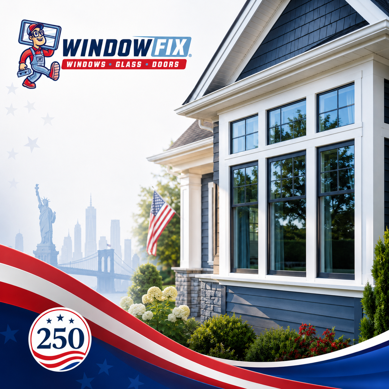 WindowFix - A modern house with large windows, an American flag, and landscaping; WindowFix logo and patriotic graphics are displayed in the image foreground.