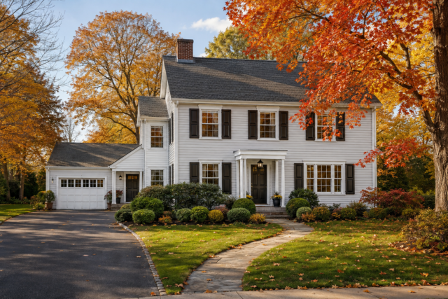 WindowFix - Two-story white house with dark shutters, surrounded by autumn trees and landscaped shrubs, featuring an insect screen to keep annoying pests out; a curved walkway leads to the attached garage with fall foliage in the background.